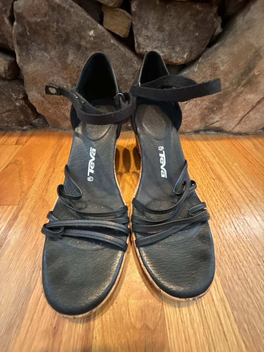 Teva Riviera Cork Wedge Strappy Sandal Size 9 Black Leather